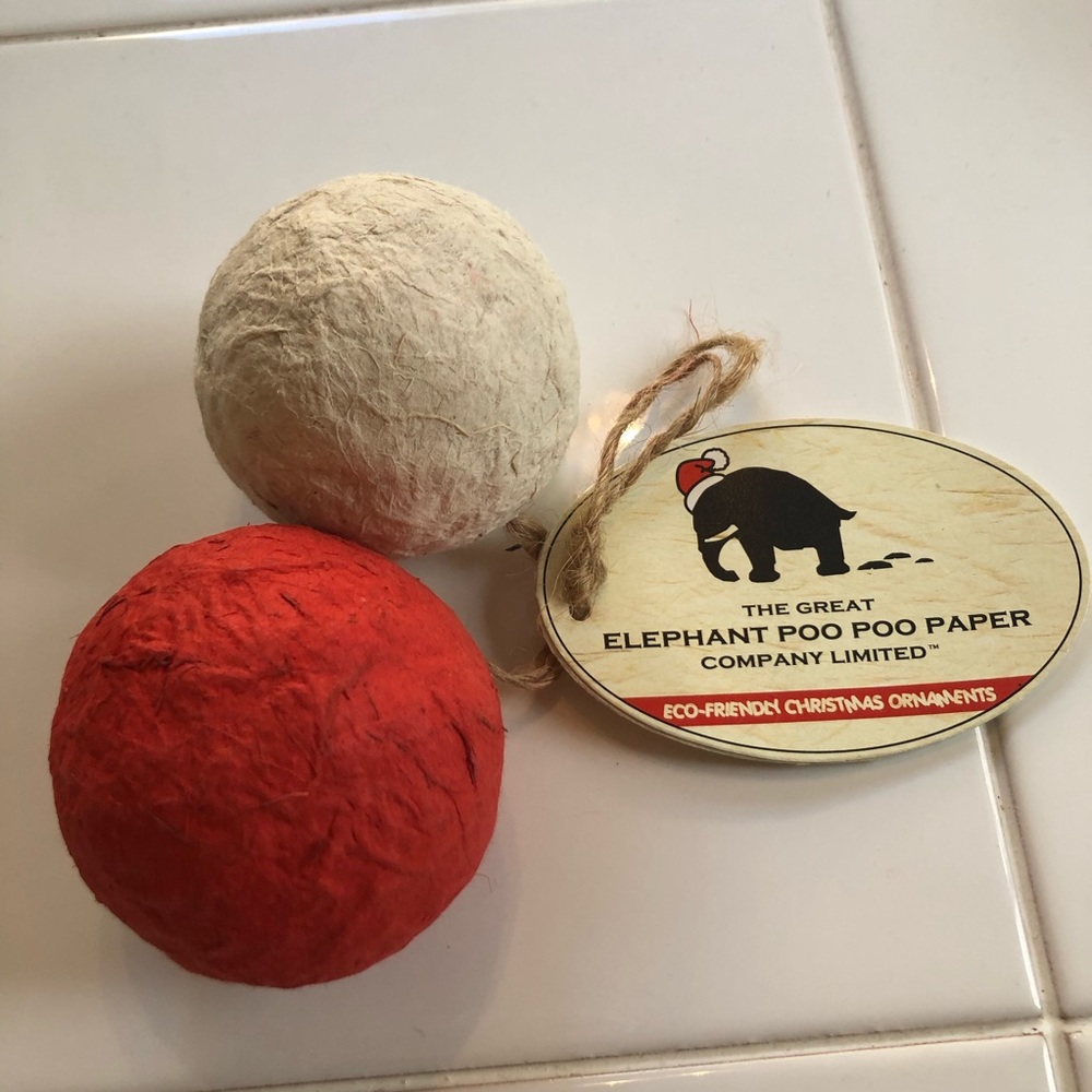 NWT kid-safe holiday Ornaments two balls made from real elephant poo!
